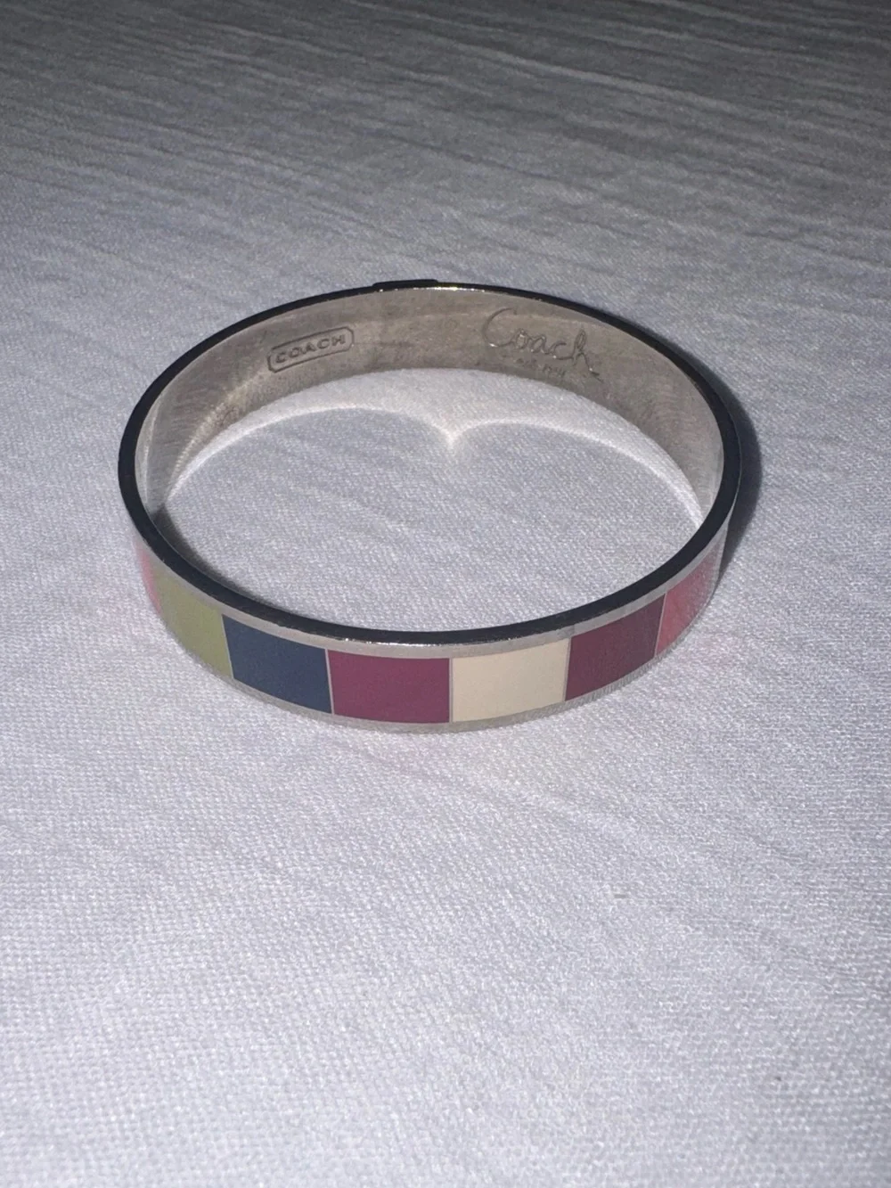 Coach Vintage Legacy Stripe Enamel Silver Bangle Bracelet 1/2” W